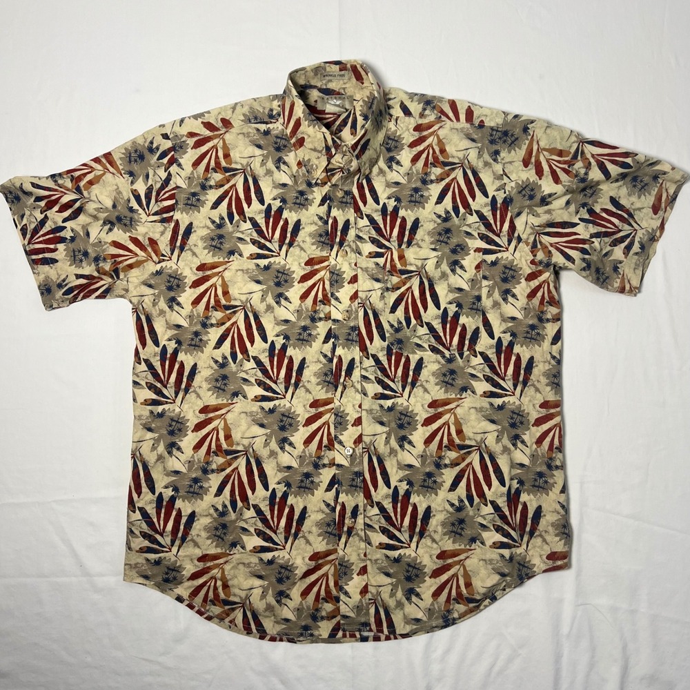 Natural Issue Mens M Tropical Palm Tree Leaf Print Button Down Shirt Tan Red